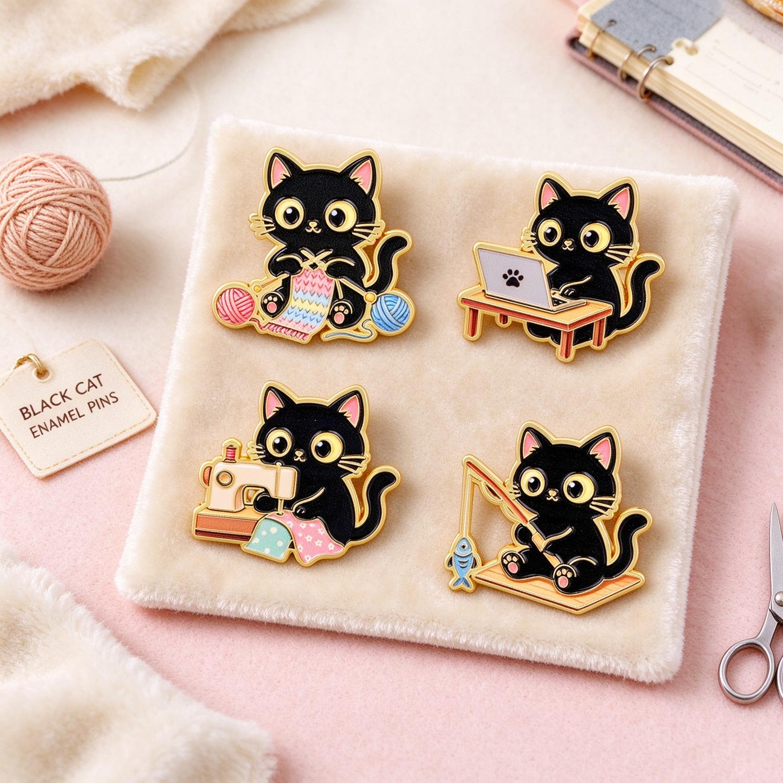 Kawaii Tech Accessories - かわいい黒猫のエナメル製ブローチ4点セット。普段使いにぴったりの、面白いデザインで、バッグや帽子、服に付けてアクセサリーとして楽しめます。プレゼントにも最適です。